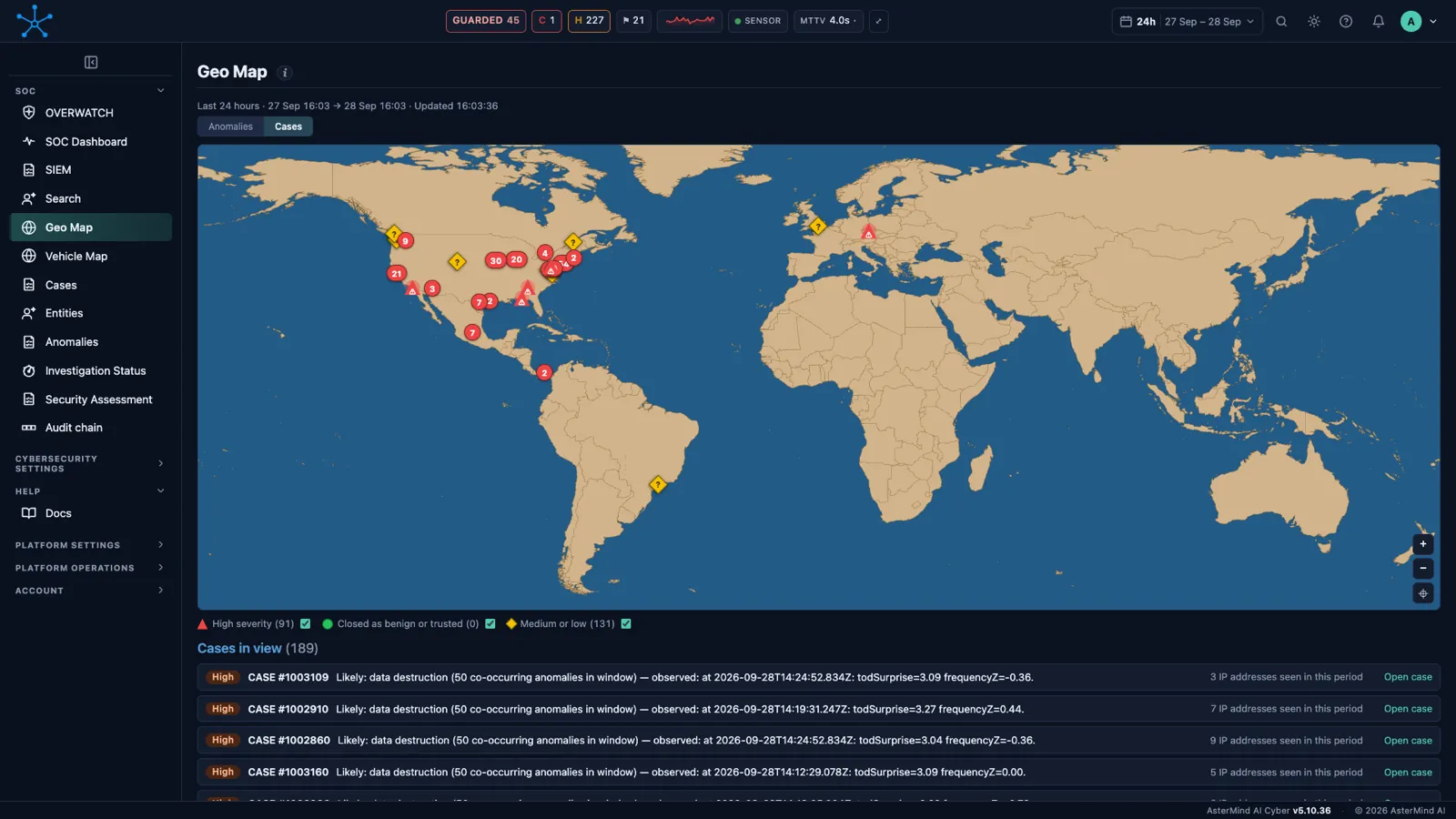 The geo map of cases in the AsterMind console